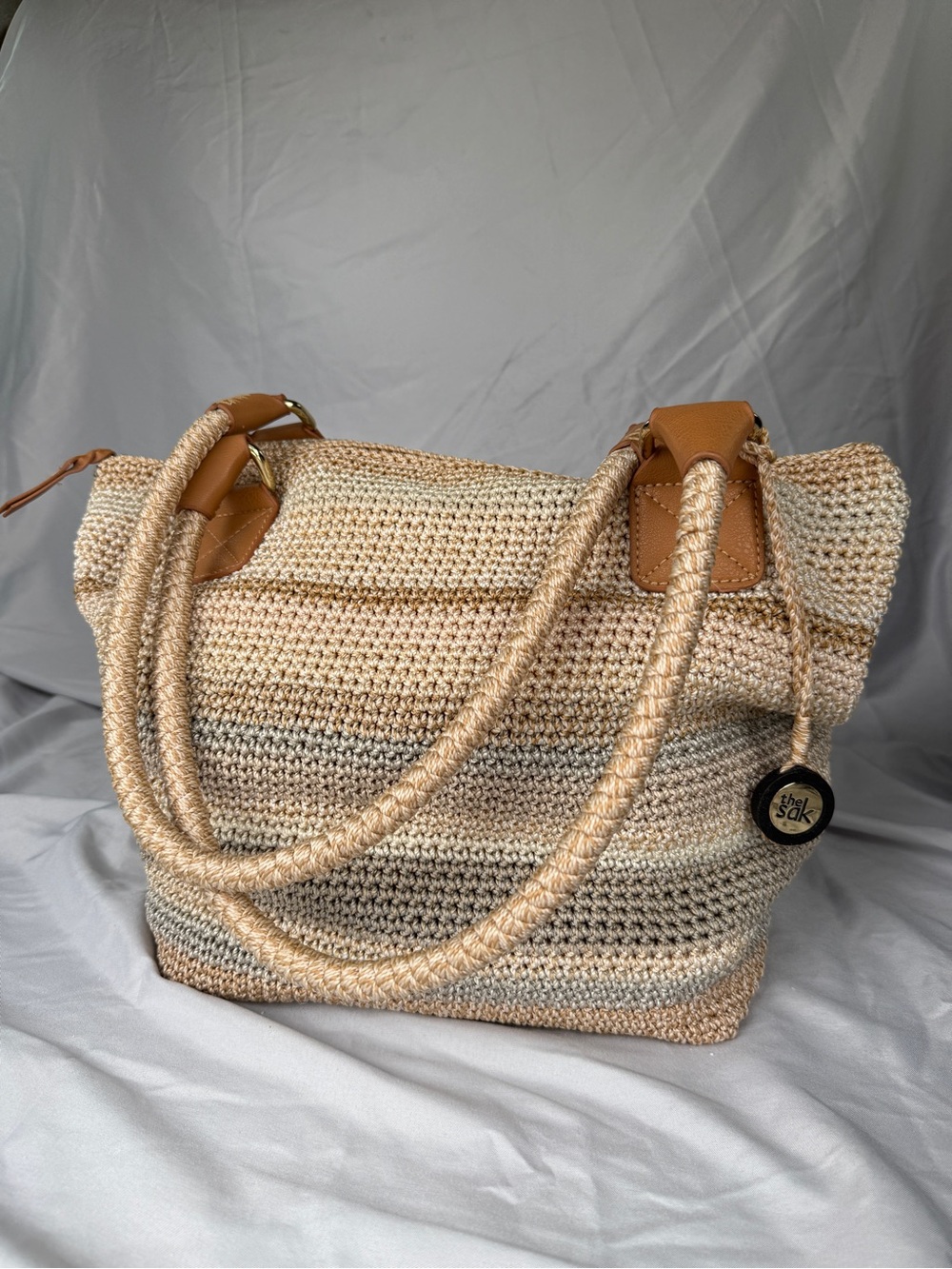 The Sak Neutral Striped Crochet Tote Bag Boho Shoulder Purse